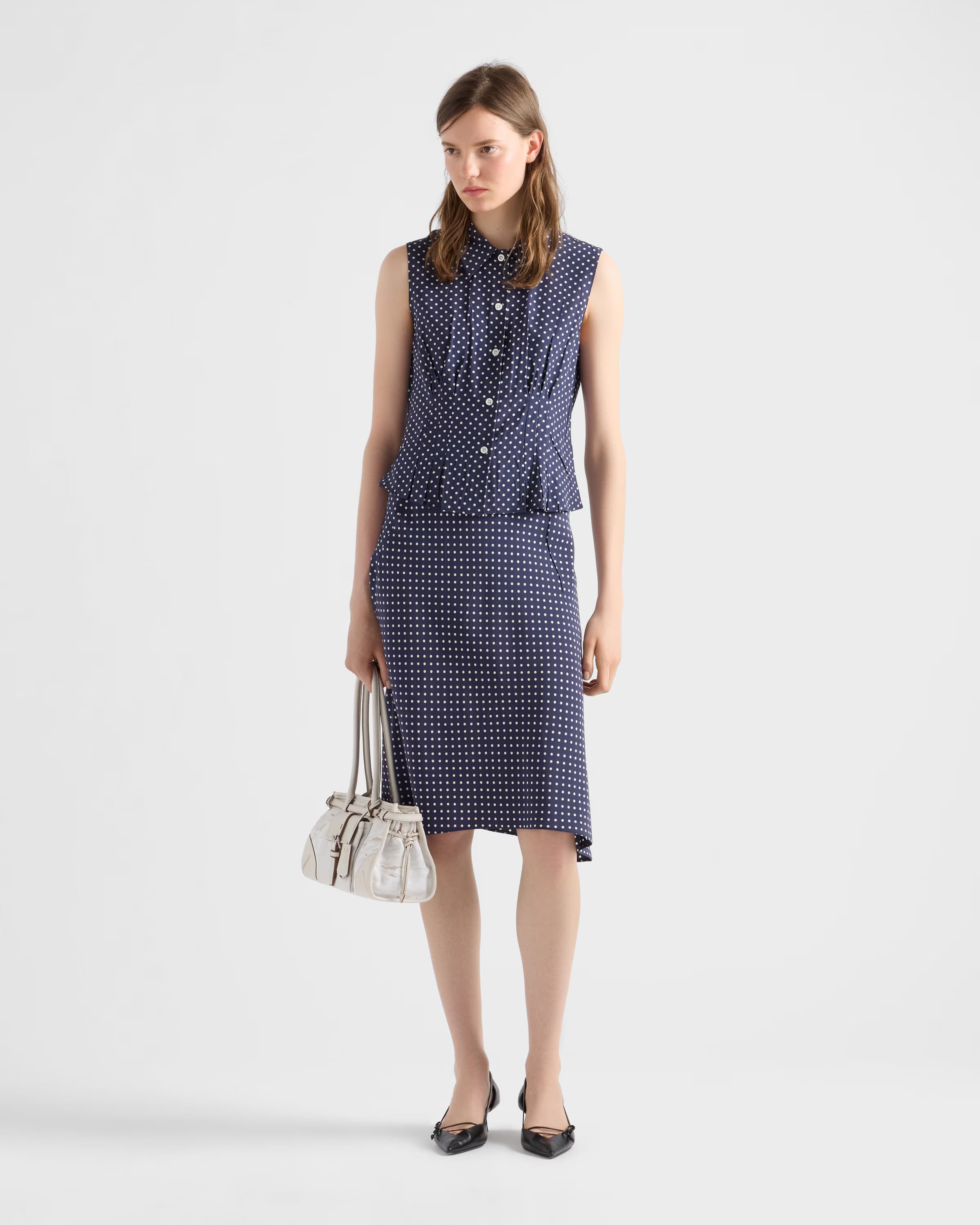 Sleeveless polka-dot marocain silk shirt